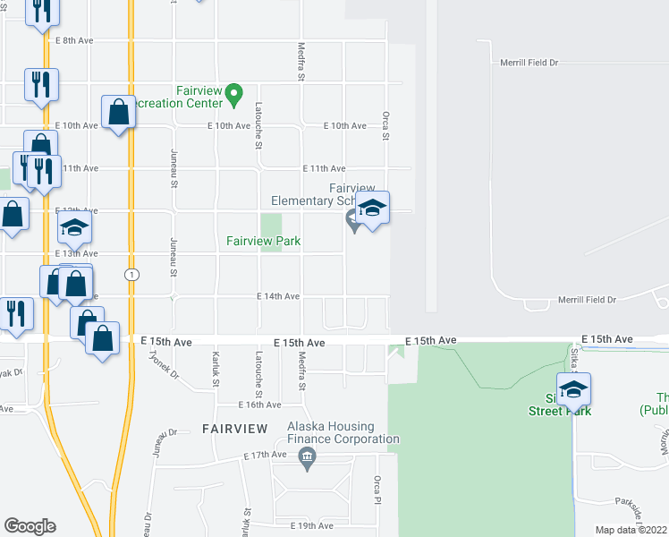 map of restaurants, bars, coffee shops, grocery stores, and more near 1310 Nelchina Street in Anchorage