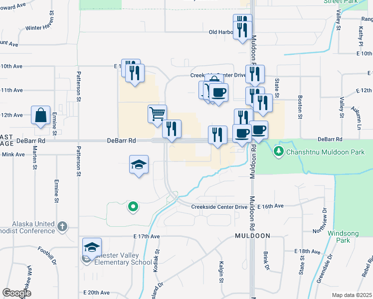 map of restaurants, bars, coffee shops, grocery stores, and more near 7600 Debarr Road in Anchorage