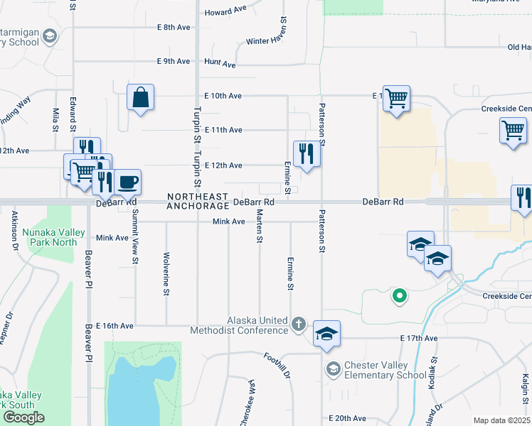 map of restaurants, bars, coffee shops, grocery stores, and more near 6808 Mink Avenue in Anchorage