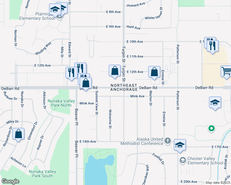 map of restaurants, bars, coffee shops, grocery stores, and more near 6604 Mink Avenue in Anchorage
