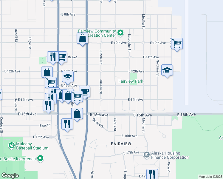 map of restaurants, bars, coffee shops, grocery stores, and more near 1334 Karluk Street in Anchorage