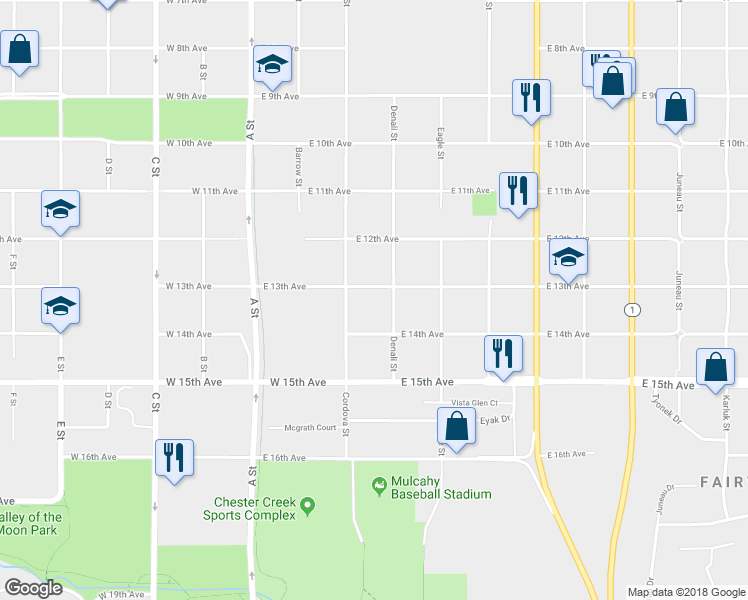 map of restaurants, bars, coffee shops, grocery stores, and more near 317 East 14th Avenue in Anchorage