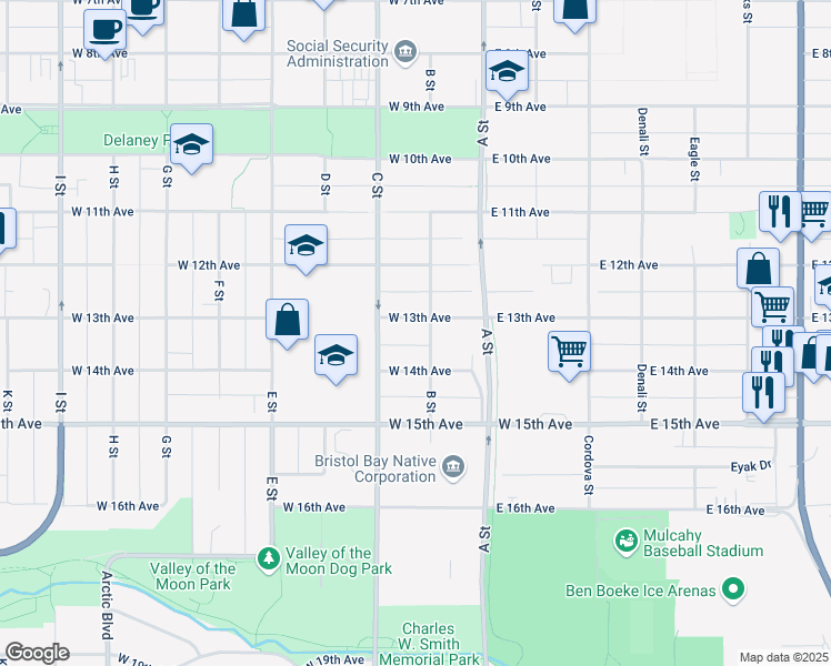 map of restaurants, bars, coffee shops, grocery stores, and more near 209 West 14th Avenue in Anchorage