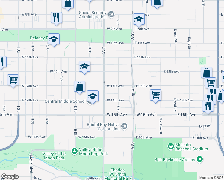 map of restaurants, bars, coffee shops, grocery stores, and more near 209 West 14th Avenue in Anchorage