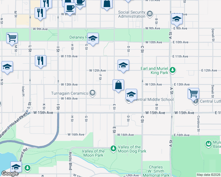 map of restaurants, bars, coffee shops, grocery stores, and more near 1338 E Street in Anchorage