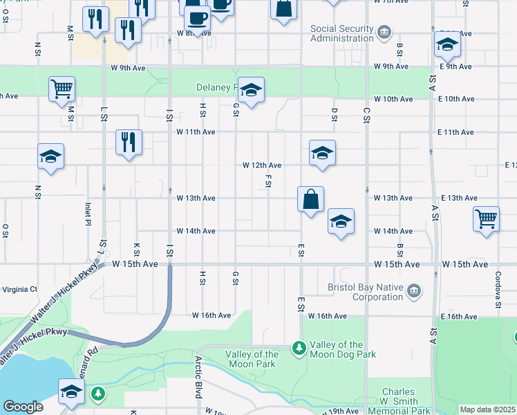 map of restaurants, bars, coffee shops, grocery stores, and more near 1335 F Street in Anchorage