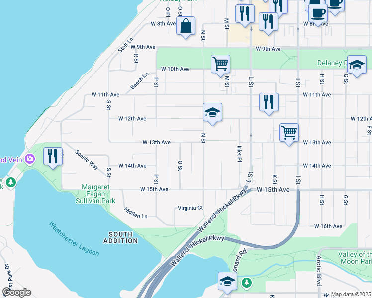 map of restaurants, bars, coffee shops, grocery stores, and more near 1328 O Street in Anchorage