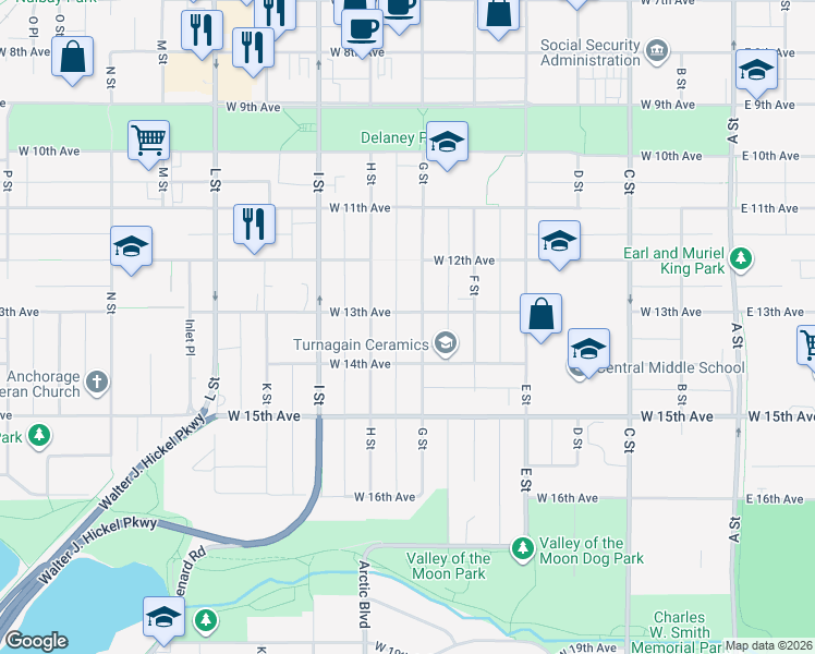 map of restaurants, bars, coffee shops, grocery stores, and more near 1344 G Street in Anchorage