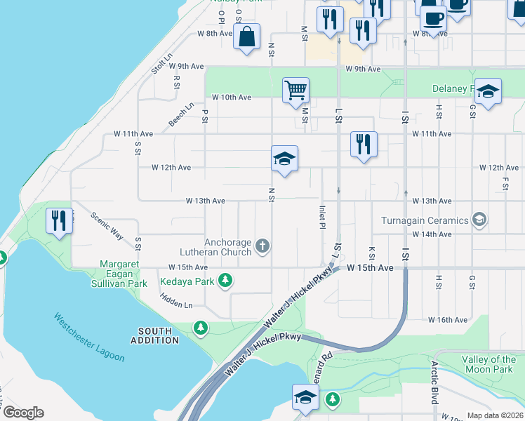 map of restaurants, bars, coffee shops, grocery stores, and more near 1334 N Street in Anchorage