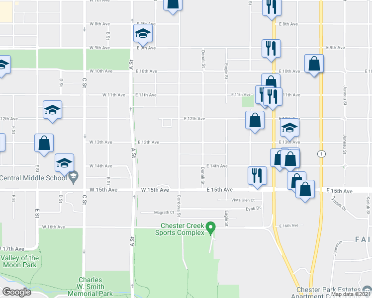map of restaurants, bars, coffee shops, grocery stores, and more near 317 East 14th Avenue in Anchorage