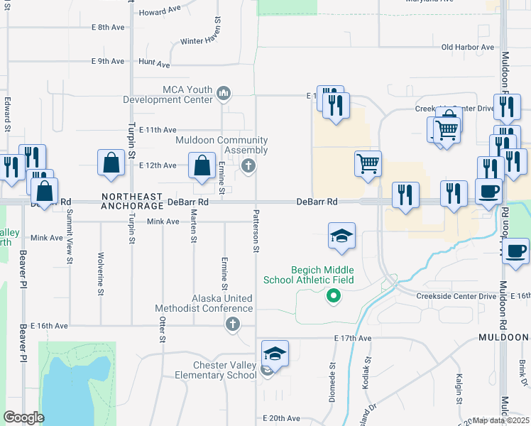 map of restaurants, bars, coffee shops, grocery stores, and more near 1301 Patterson Street in Anchorage