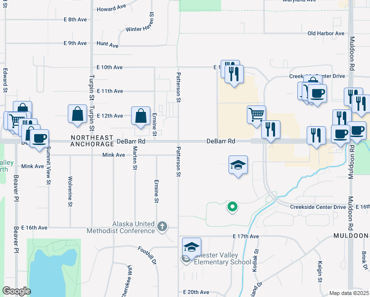 map of restaurants, bars, coffee shops, grocery stores, and more near 1301 Patterson Street in Anchorage