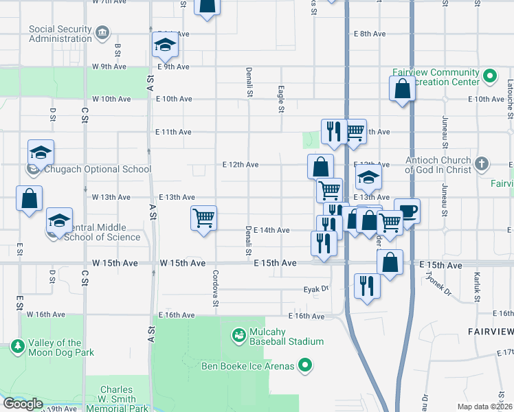 map of restaurants, bars, coffee shops, grocery stores, and more near 1341 Denali Street in Anchorage