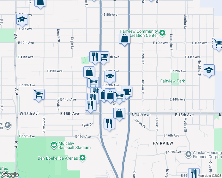 map of restaurants, bars, coffee shops, grocery stores, and more near 744 East 13th Avenue in Anchorage