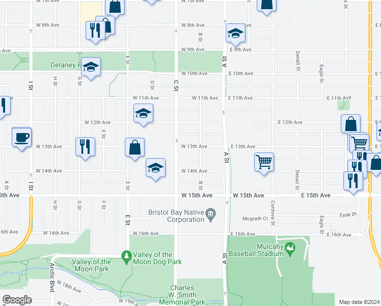 map of restaurants, bars, coffee shops, grocery stores, and more near 222 West 13th Avenue in Anchorage