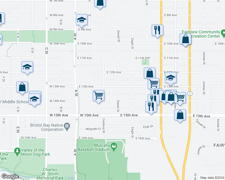map of restaurants, bars, coffee shops, grocery stores, and more near 330 East 13th Avenue in Anchorage