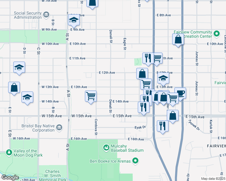 map of restaurants, bars, coffee shops, grocery stores, and more near 1305 Denali Street in Anchorage