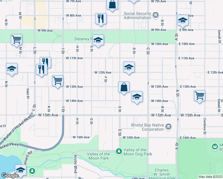 map of restaurants, bars, coffee shops, grocery stores, and more near 534 West 13th Avenue in Anchorage
