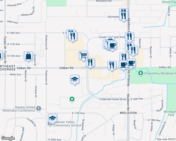 map of restaurants, bars, coffee shops, grocery stores, and more near 7710 Grass Creek Road in Anchorage