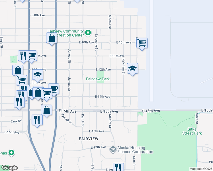 map of restaurants, bars, coffee shops, grocery stores, and more near 1326 Medfra Street in Anchorage