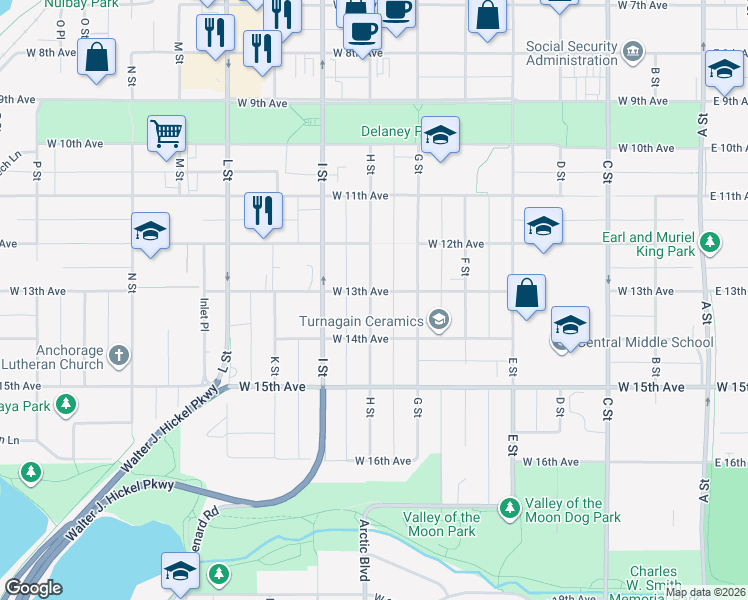 map of restaurants, bars, coffee shops, grocery stores, and more near 1328 H Street in Anchorage