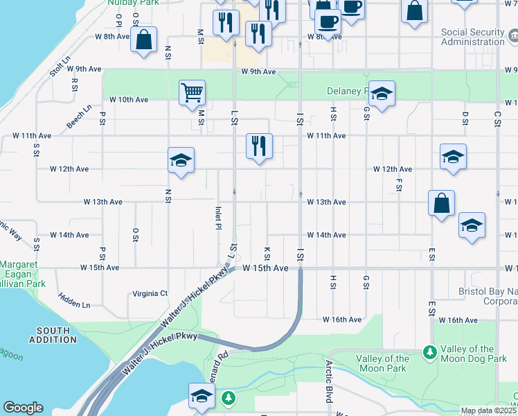 map of restaurants, bars, coffee shops, grocery stores, and more near 1334 K Street in Anchorage