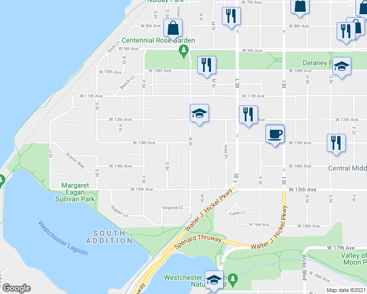 map of restaurants, bars, coffee shops, grocery stores, and more near 1334 N Street in Anchorage