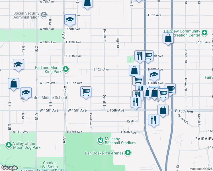 map of restaurants, bars, coffee shops, grocery stores, and more near 1321 Denali Street in Anchorage