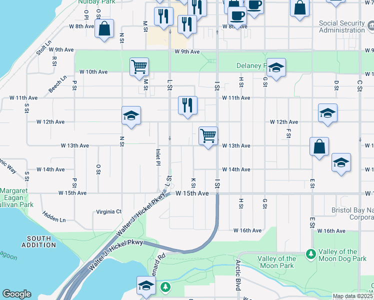 map of restaurants, bars, coffee shops, grocery stores, and more near 1334 K Street in Anchorage