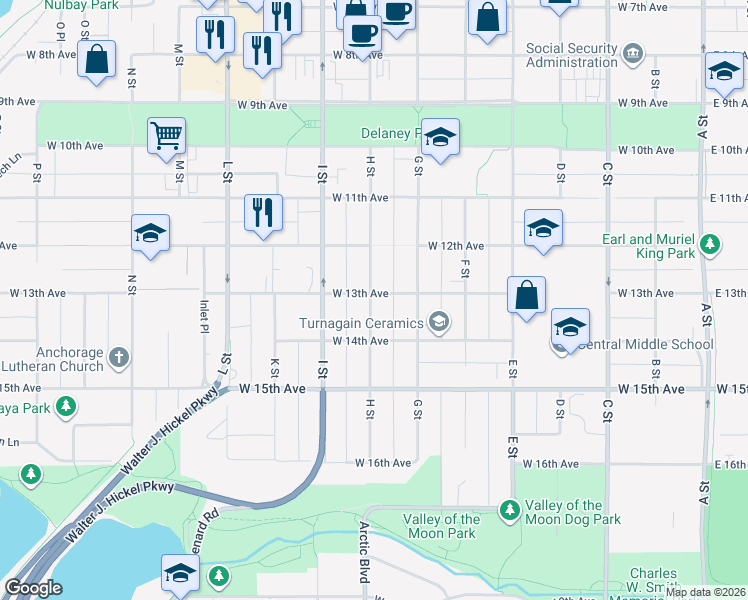 map of restaurants, bars, coffee shops, grocery stores, and more near 1328 H Street in Anchorage