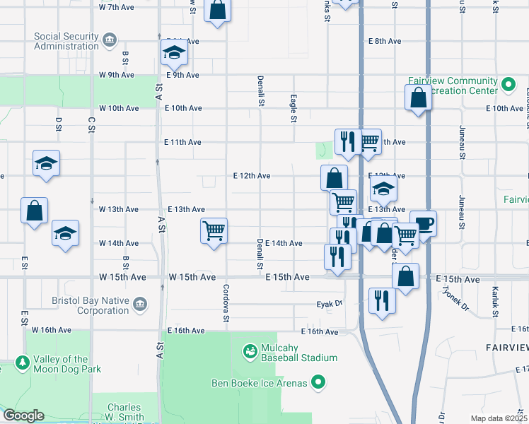 map of restaurants, bars, coffee shops, grocery stores, and more near 1341 Denali Street in Anchorage