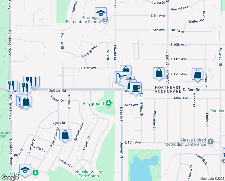 map of restaurants, bars, coffee shops, grocery stores, and more near Debarr Road & Edward St in Anchorage