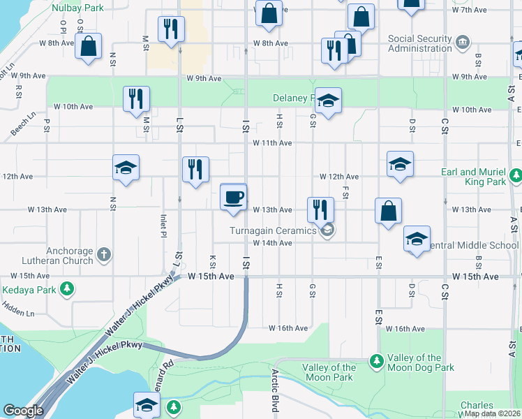 map of restaurants, bars, coffee shops, grocery stores, and more near 1328 H Street in Anchorage