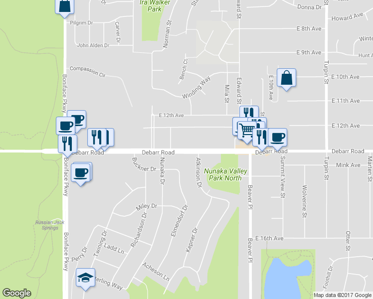 map of restaurants, bars, coffee shops, grocery stores, and more near 6029 DeBarr Road in Anchorage