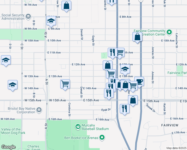 map of restaurants, bars, coffee shops, grocery stores, and more near 1200 Eagle Street in Anchorage