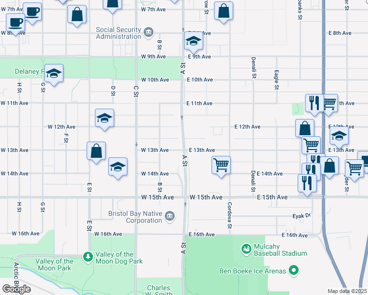 map of restaurants, bars, coffee shops, grocery stores, and more near 1201 A Street in Anchorage