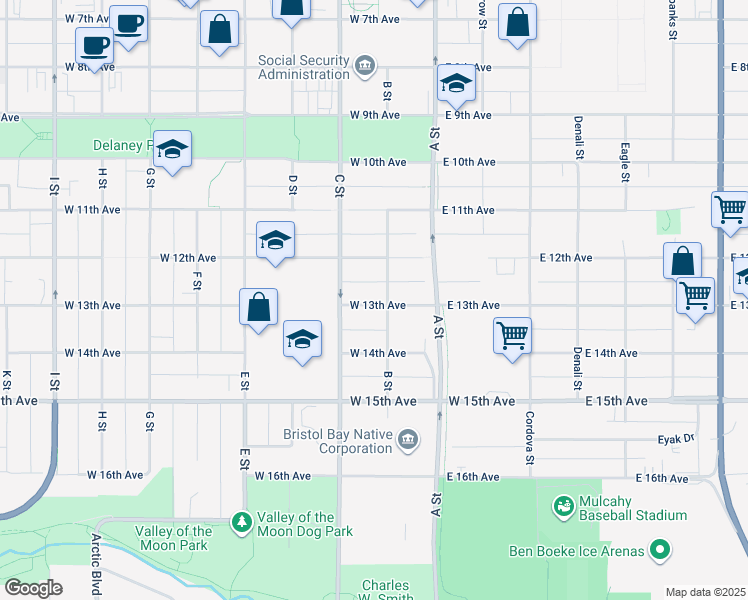 map of restaurants, bars, coffee shops, grocery stores, and more near 210 West 12th Avenue in Anchorage