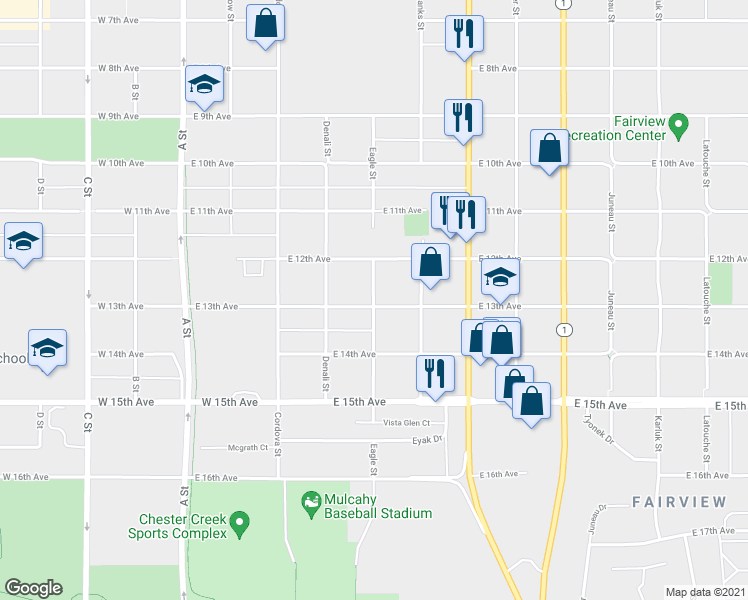 map of restaurants, bars, coffee shops, grocery stores, and more near 501 East 13th Avenue in Anchorage
