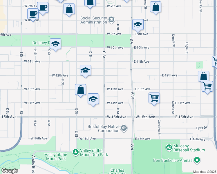 map of restaurants, bars, coffee shops, grocery stores, and more near 221 West 13th Avenue in Anchorage