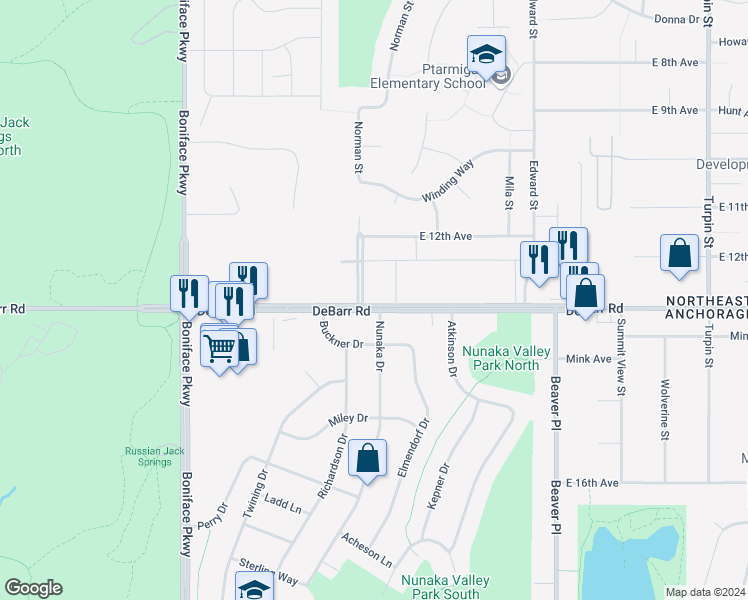 map of restaurants, bars, coffee shops, grocery stores, and more near 1265 Norman Street in Anchorage