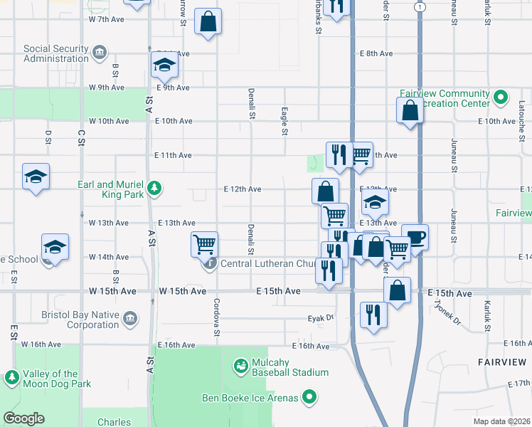 map of restaurants, bars, coffee shops, grocery stores, and more near 1201 Denali Street in Anchorage