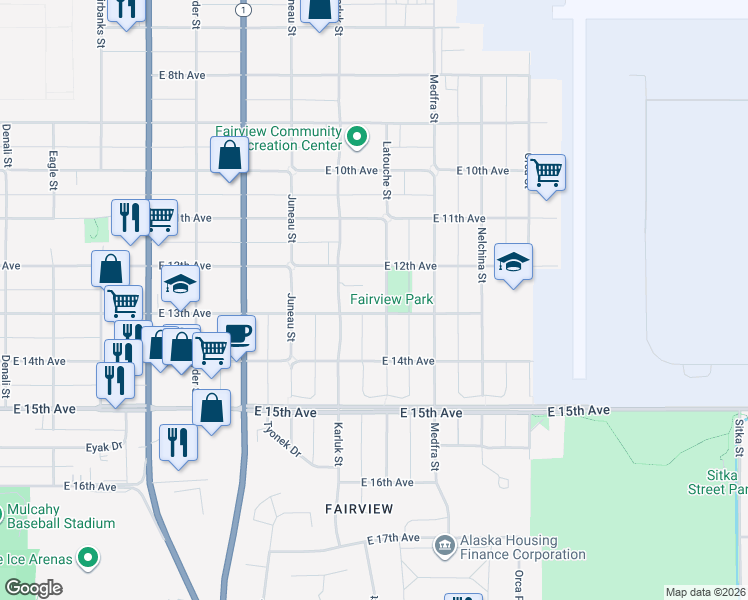 map of restaurants, bars, coffee shops, grocery stores, and more near 1211 Karluk Street in Anchorage