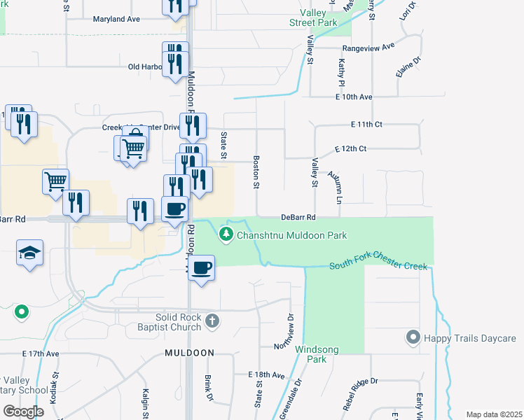 map of restaurants, bars, coffee shops, grocery stores, and more near 1301 Boston Street in Anchorage