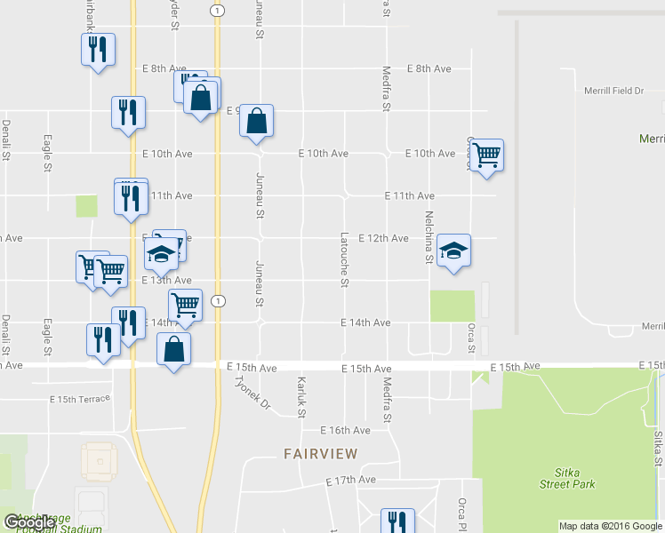 map of restaurants, bars, coffee shops, grocery stores, and more near 1211 Karluk Street in Anchorage