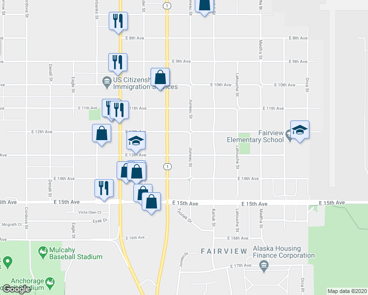 map of restaurants, bars, coffee shops, grocery stores, and more near 944 East 12th Avenue in Anchorage
