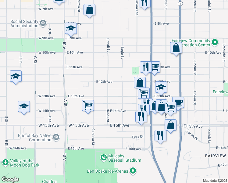 map of restaurants, bars, coffee shops, grocery stores, and more near 1201 Denali Street in Anchorage