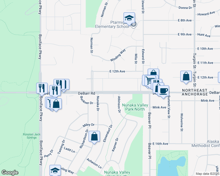 map of restaurants, bars, coffee shops, grocery stores, and more near 6009 Debarr Road in Anchorage