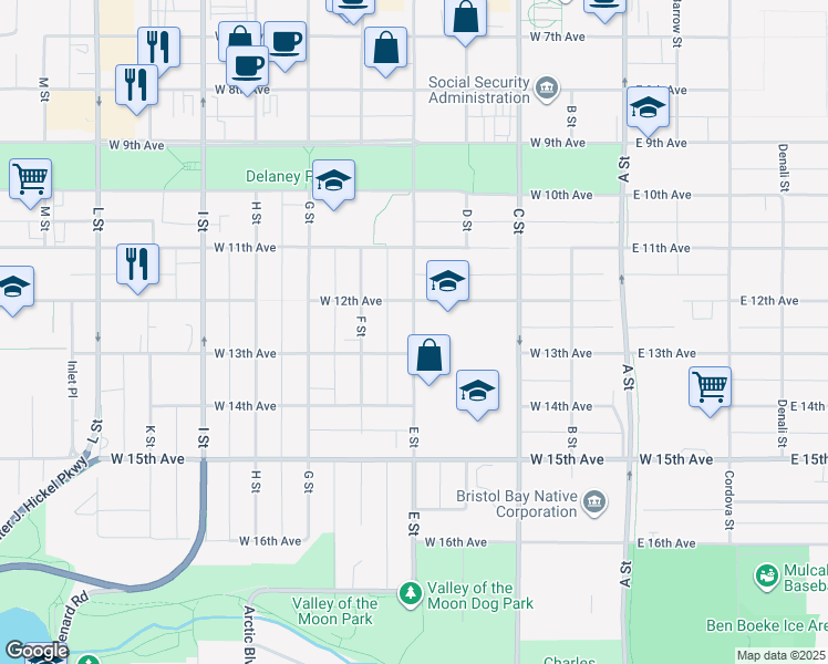 map of restaurants, bars, coffee shops, grocery stores, and more near 1219 E Street in Anchorage