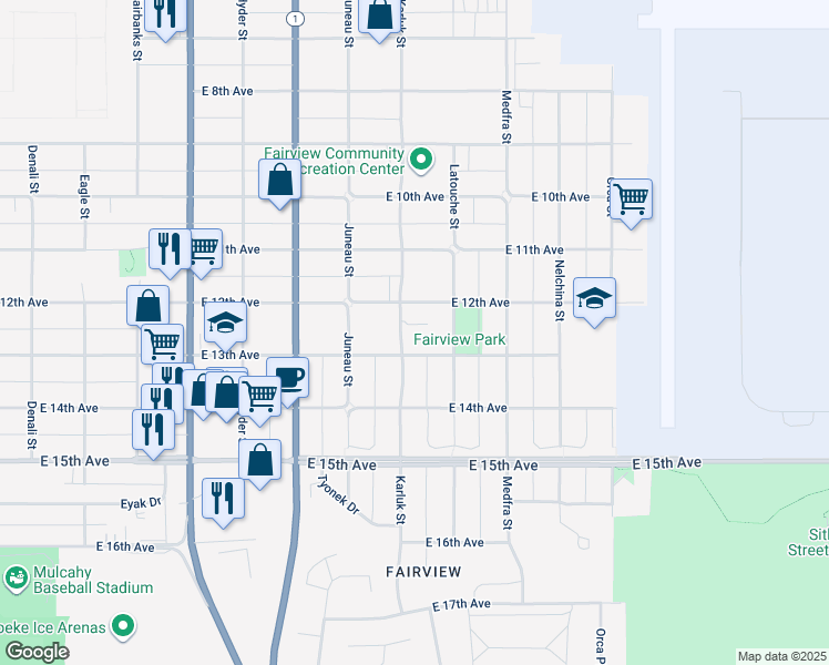 map of restaurants, bars, coffee shops, grocery stores, and more near 1225 Karluk Street in Anchorage