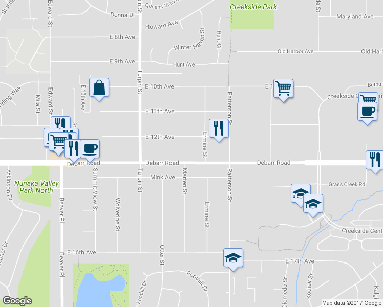 map of restaurants, bars, coffee shops, grocery stores, and more near 6901 Debarr Road in Anchorage